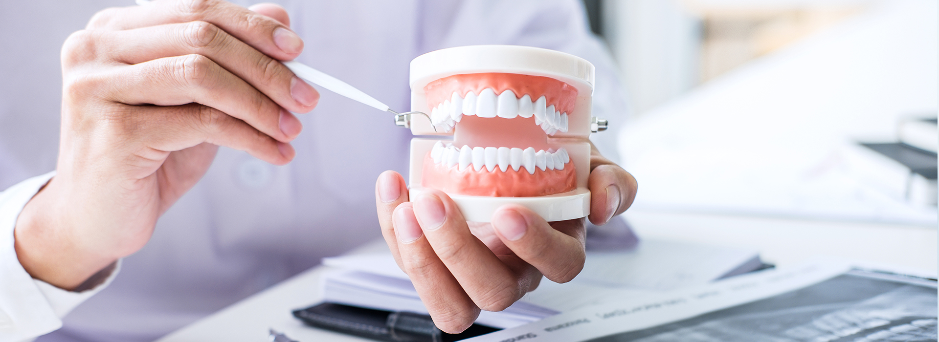 The image shows a person holding a cup with a tooth model inside, possibly in a dental office or similar setting.